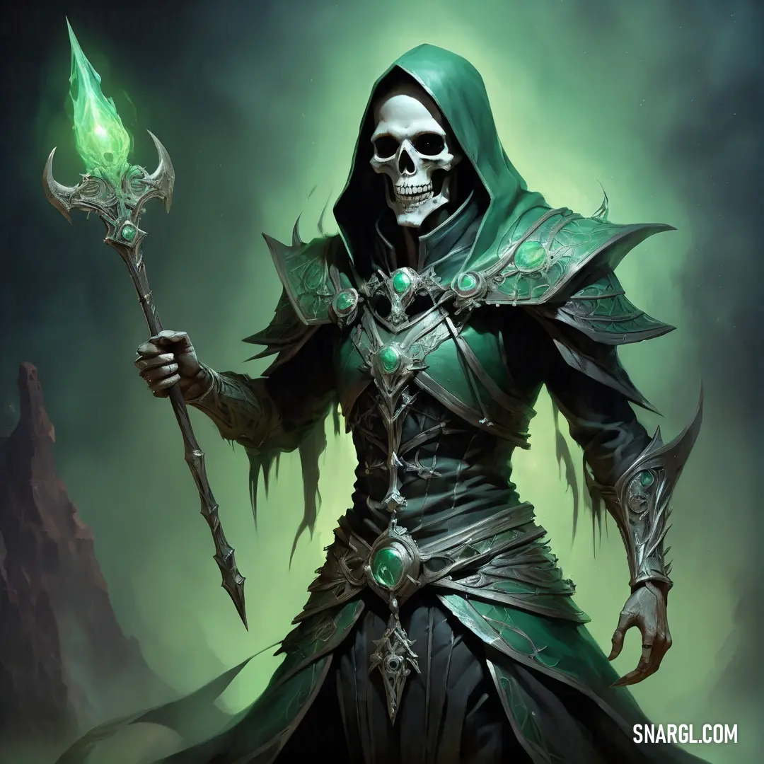 Necromancer dressed in a green outfit holding a green flame in his hand