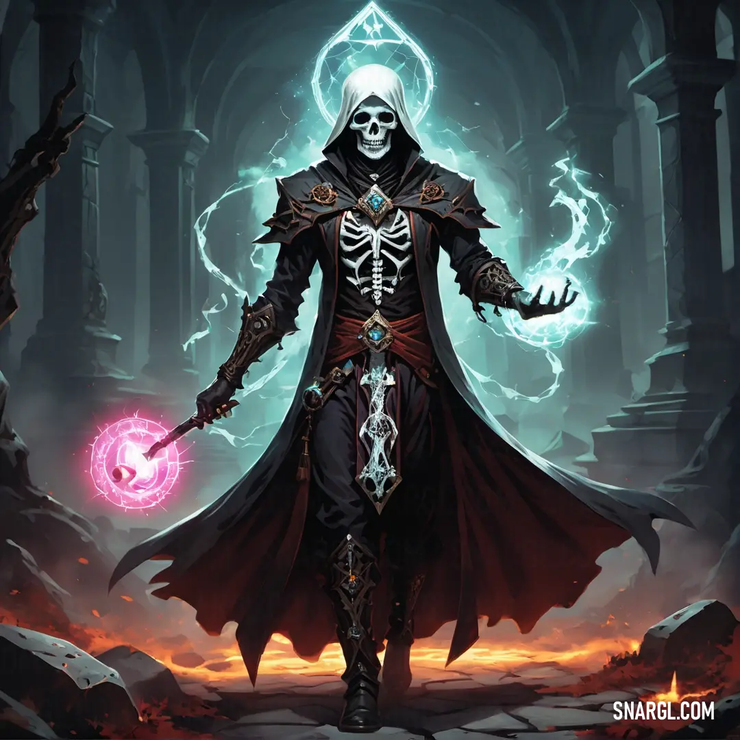 Necromancer in a black outfit holding a glowing orb in his hand