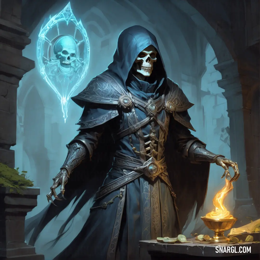 Necromancer in a hooded suit holding a bowl of gold in front of a skull in a stone archway