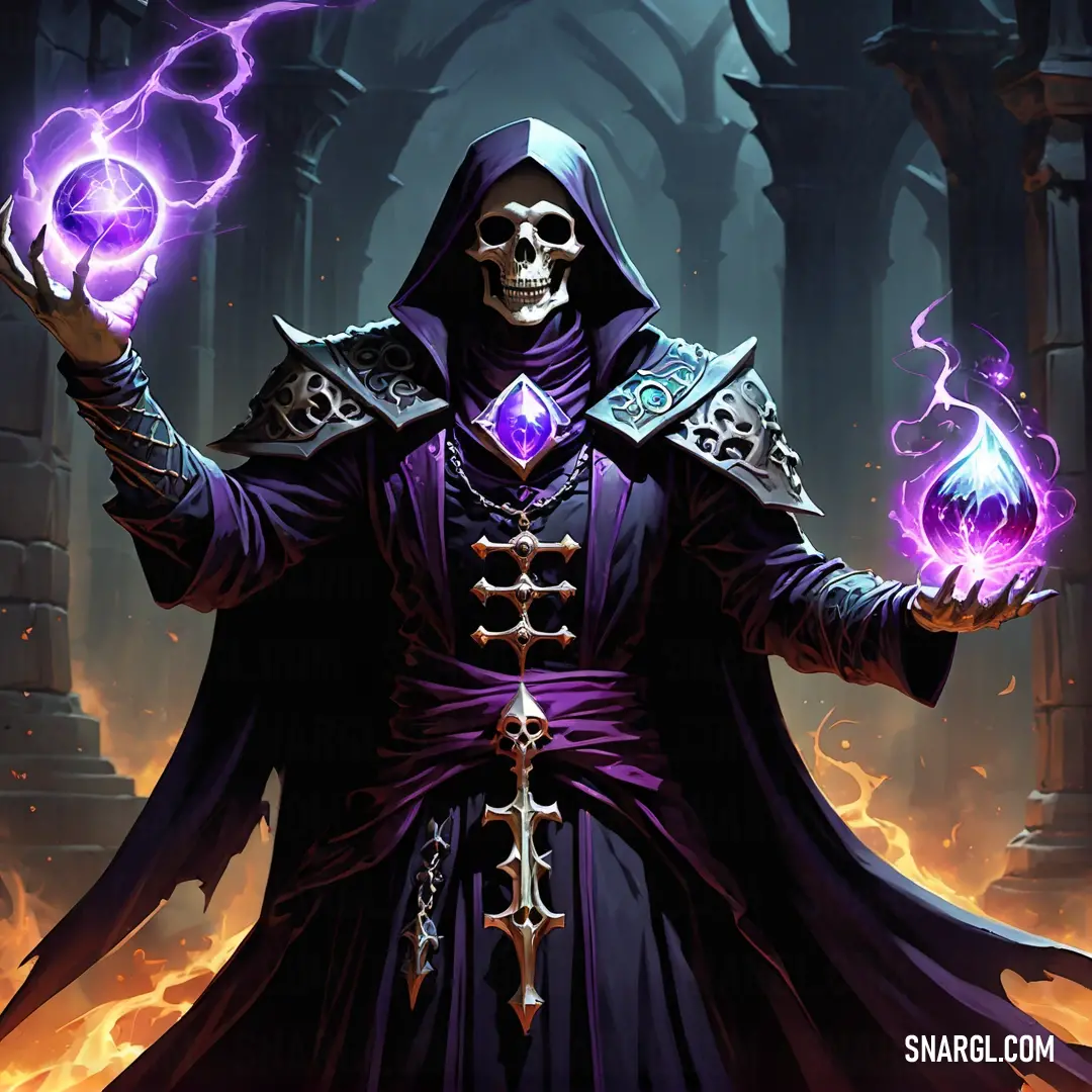 Skeleton in a purple robe holding a purple ball in his hand