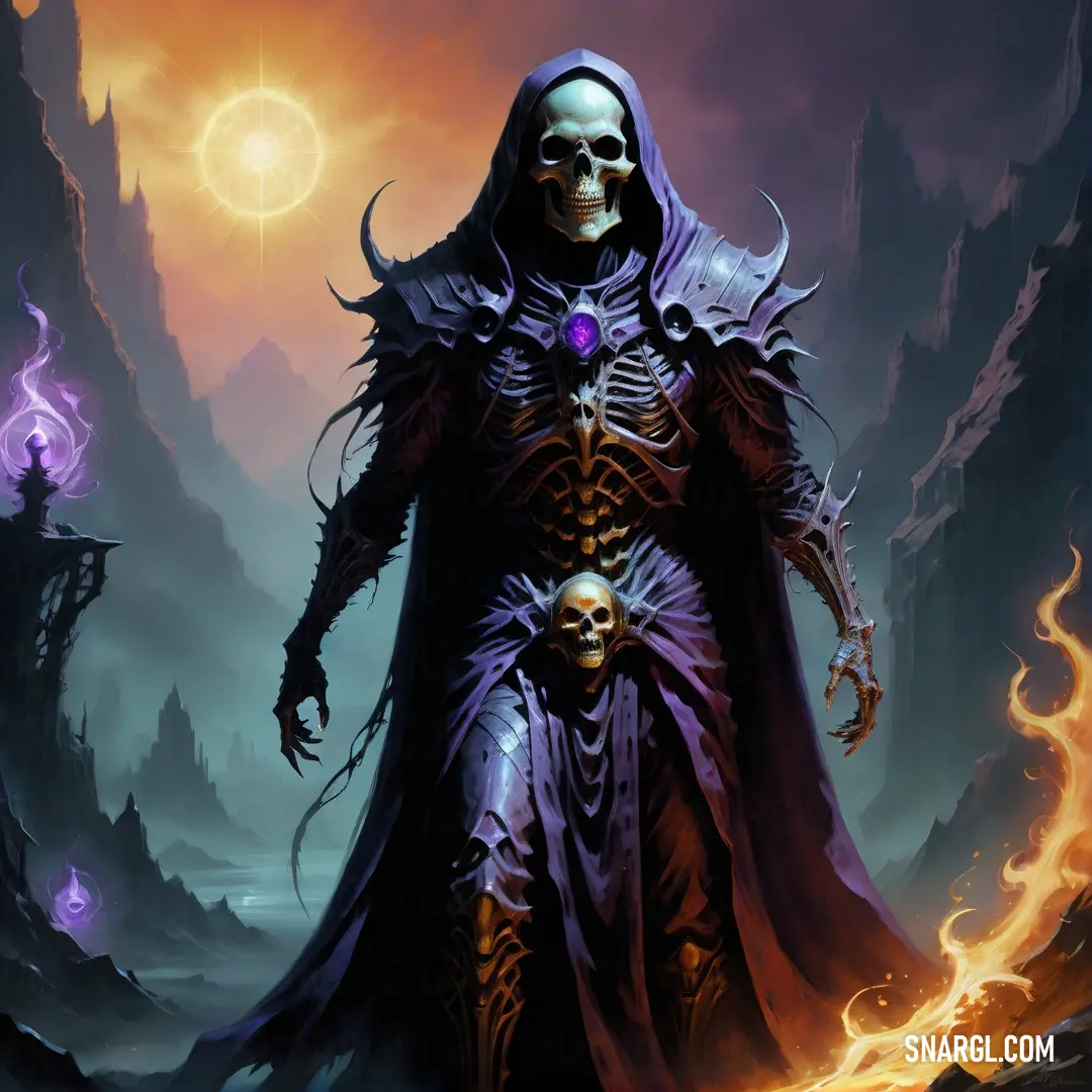 Skeleton in a purple robe holding a skull in his hands