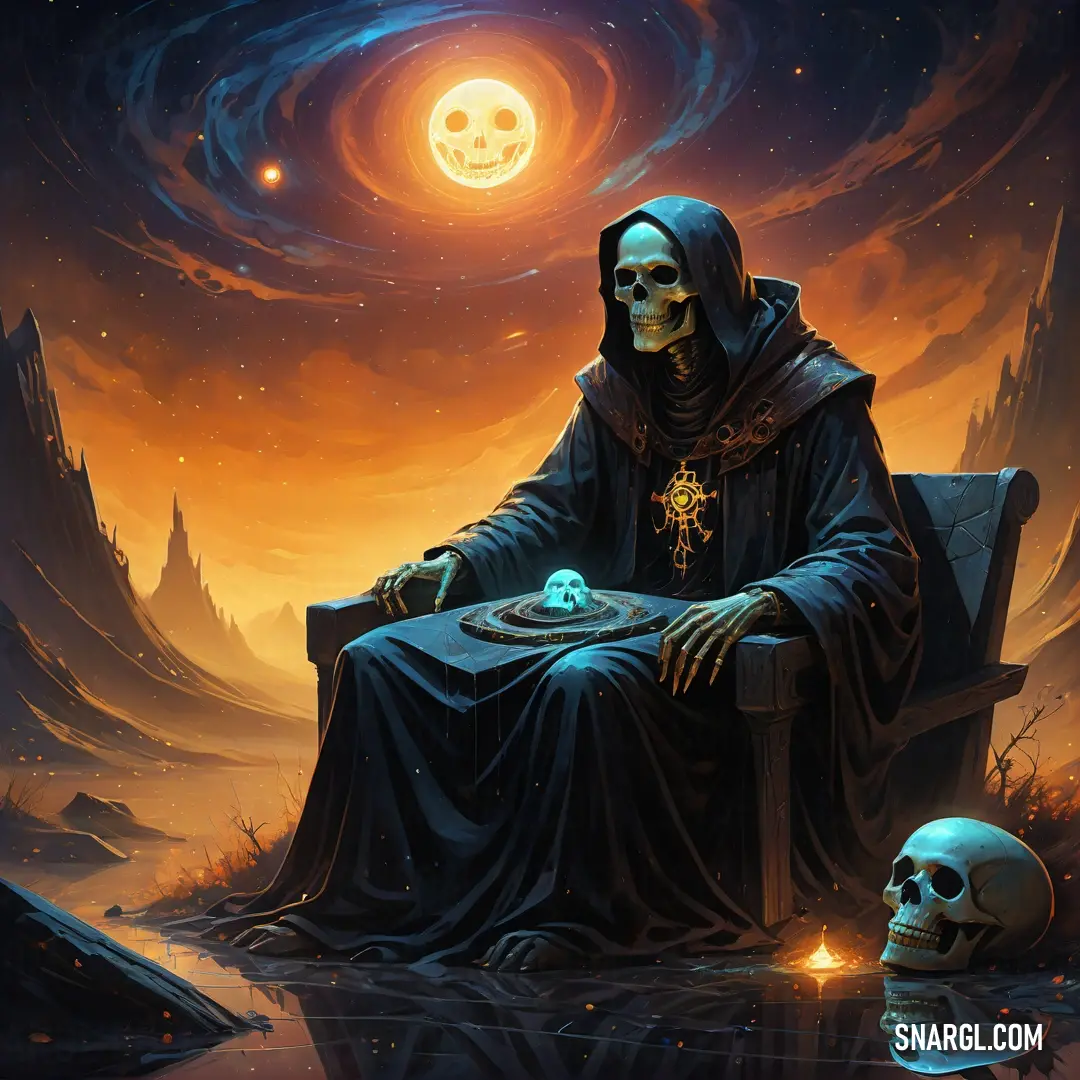 Necromancer on a bench in front of a full moon and a skull in the water