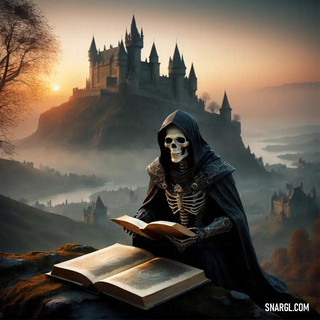 Necromancer on a hill reading a book with a castle in the background