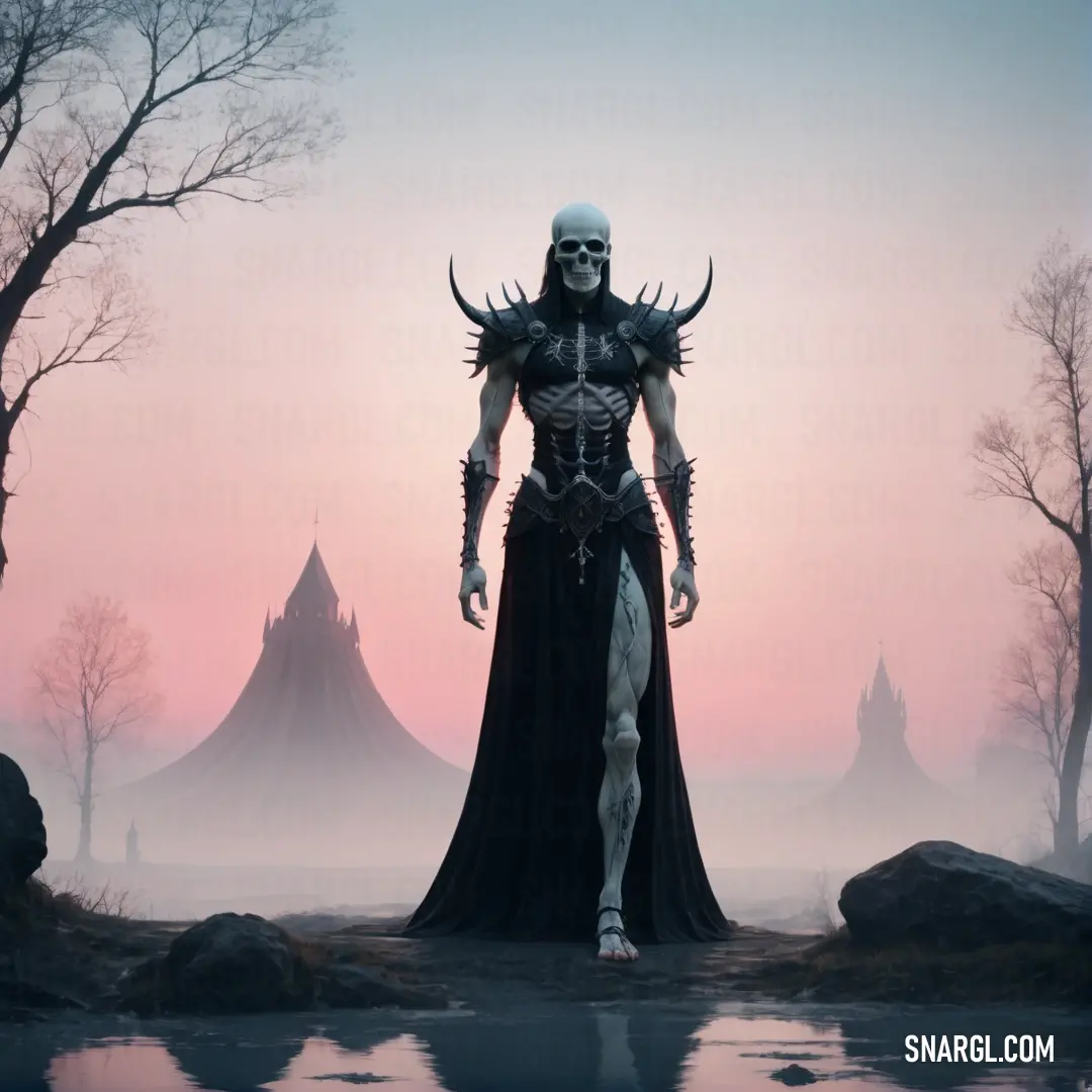 Necromancer wearing a black dress standing in a field of water with trees in the background