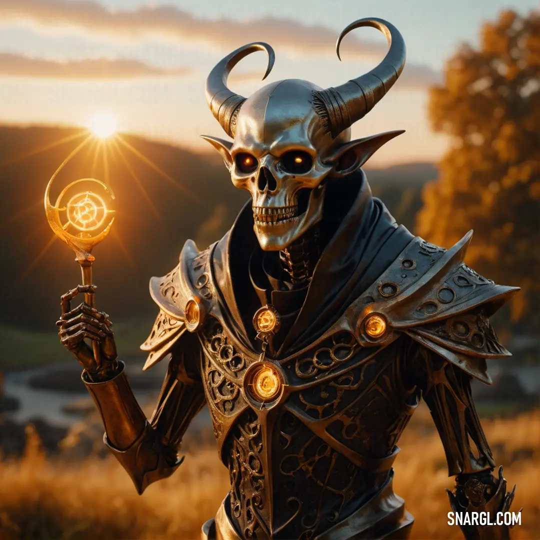 Skeleton wearing a horned head holding a golden ball in his hand