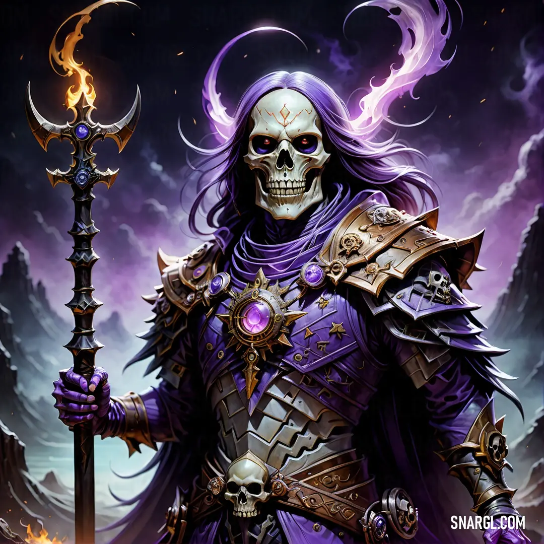 Skeleton with a purple hair holding a sword and a skull on it's arm