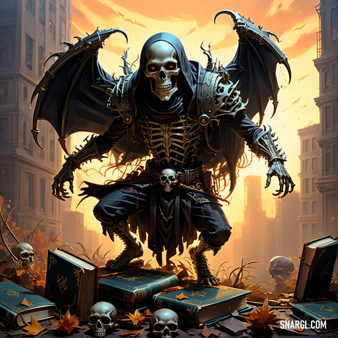 Skeleton with a skeleton head and wings standing in a city with books and skulls on the ground and a cityscape in the background