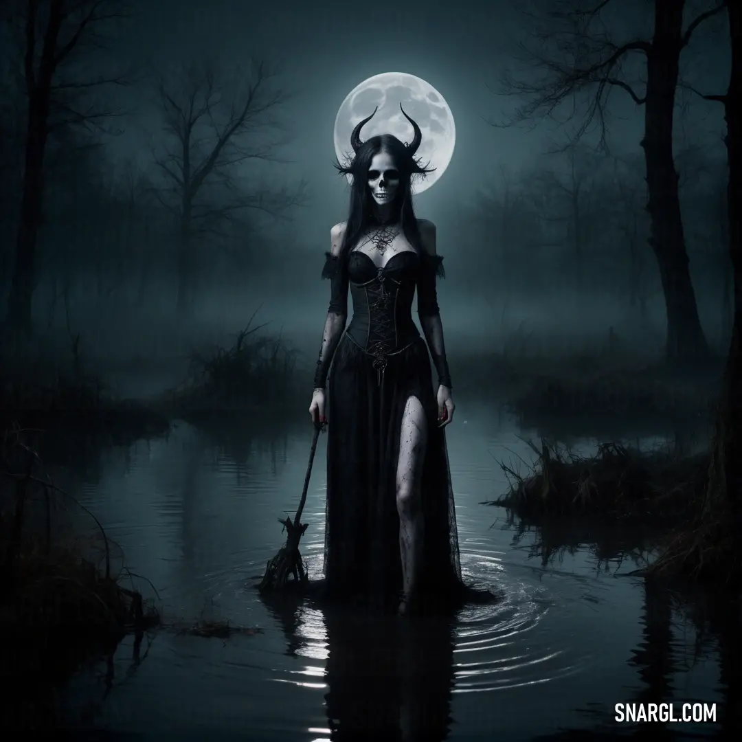 Necromancer in a black dress standing in a lake with a full moon behind her