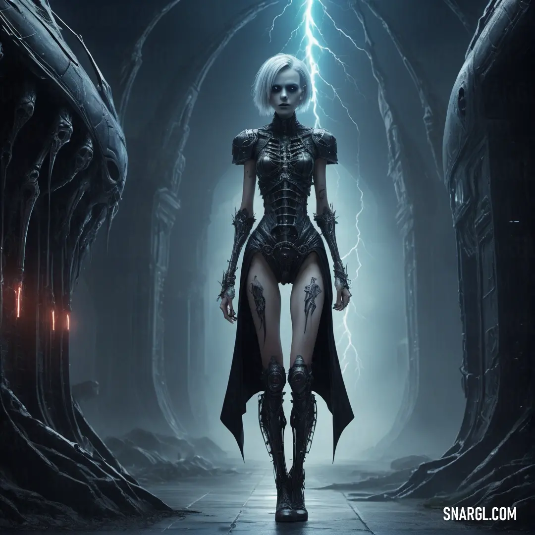 Necromancer in a futuristic suit with lightning in the background and a dark tunnel with a lightening bolt