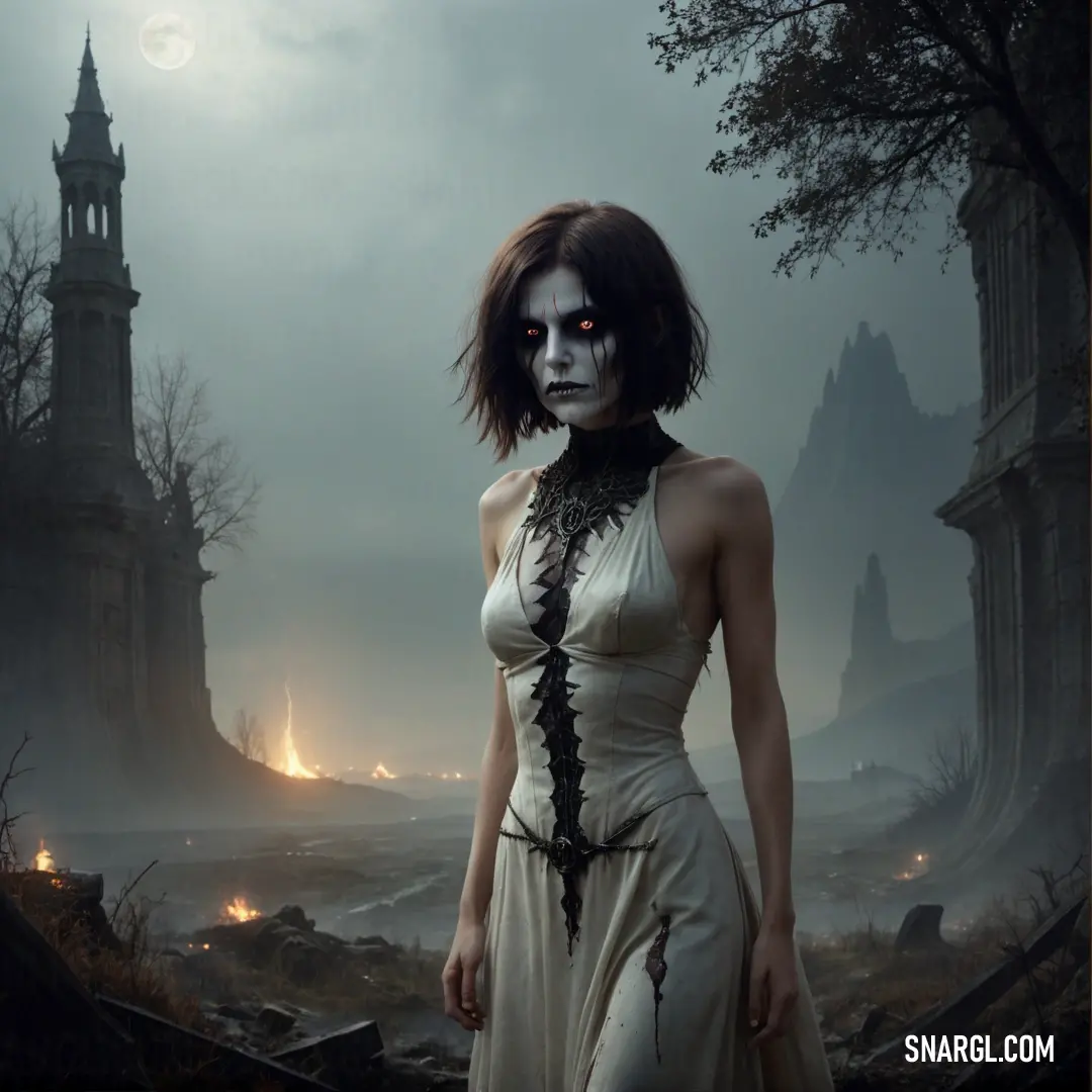 Necromancer in a white dress with a creepy face and a creepy necklace on her neck stands in a dark