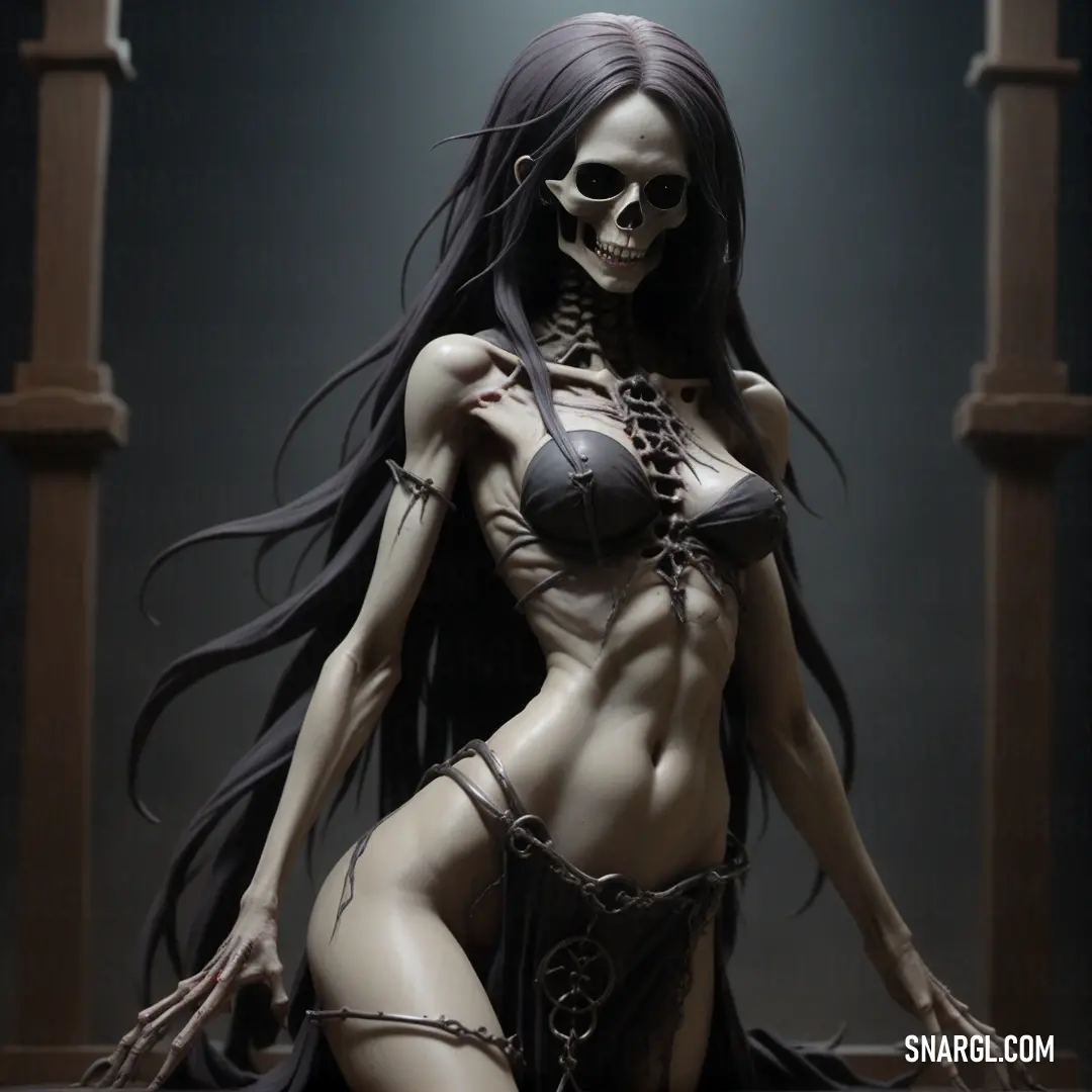 Necromancer with a skeleton body and chains around her neck and chest