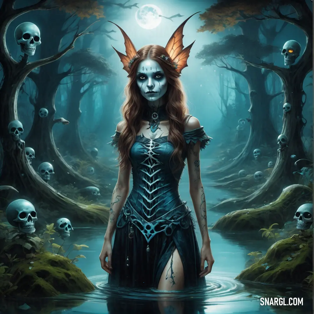 Necromancer with a skeleton face and a body of water in a forest with skulls and trees