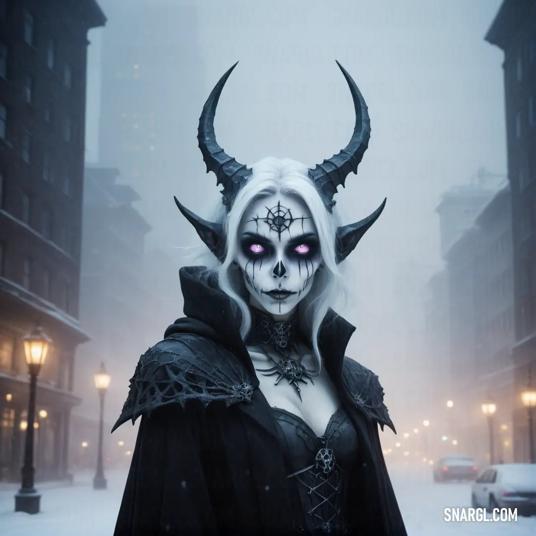 Necromancer with horns and a skull makeup is standing in the snow in a city street at night