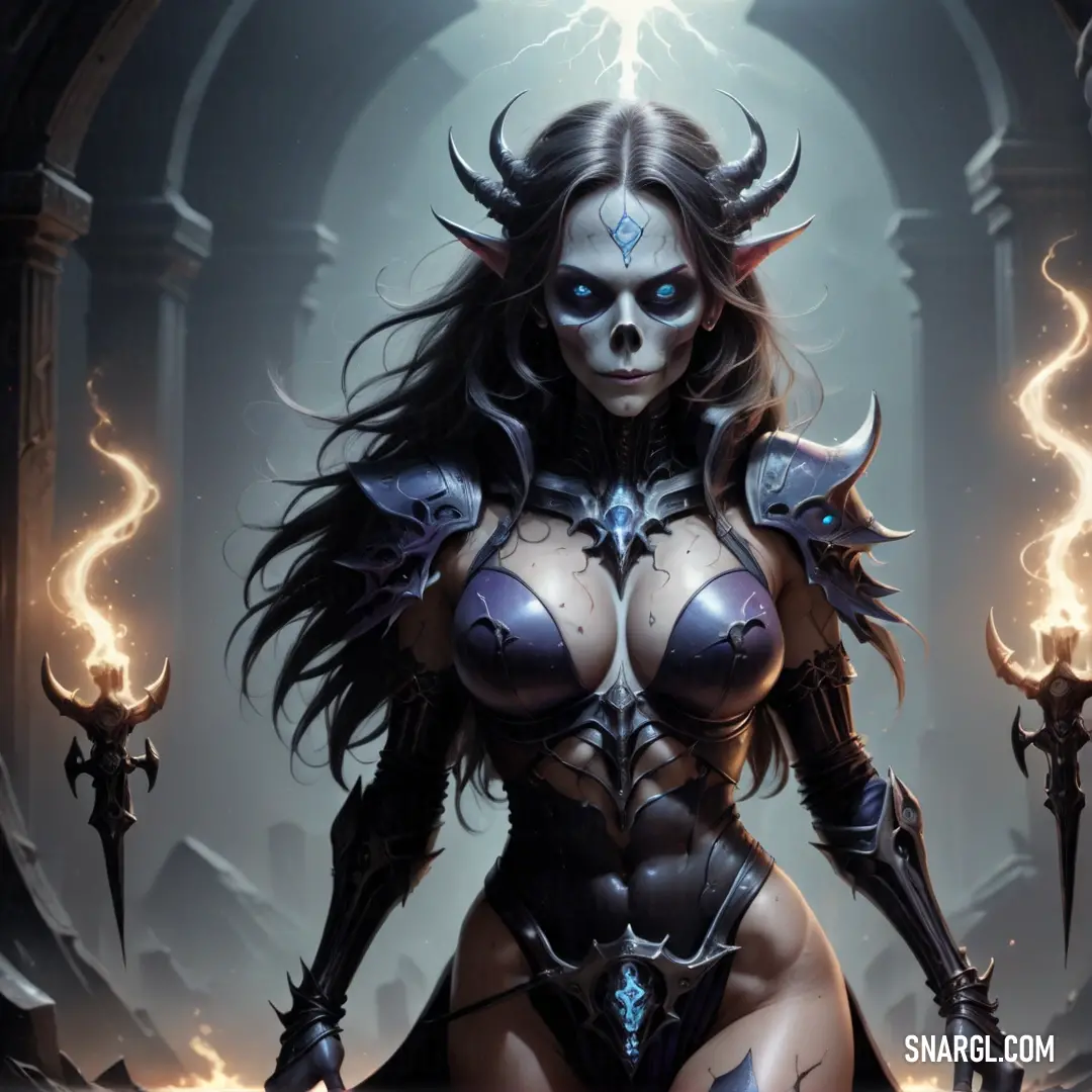 Necromancer with horns and a demon outfit on, with a sword in her hand