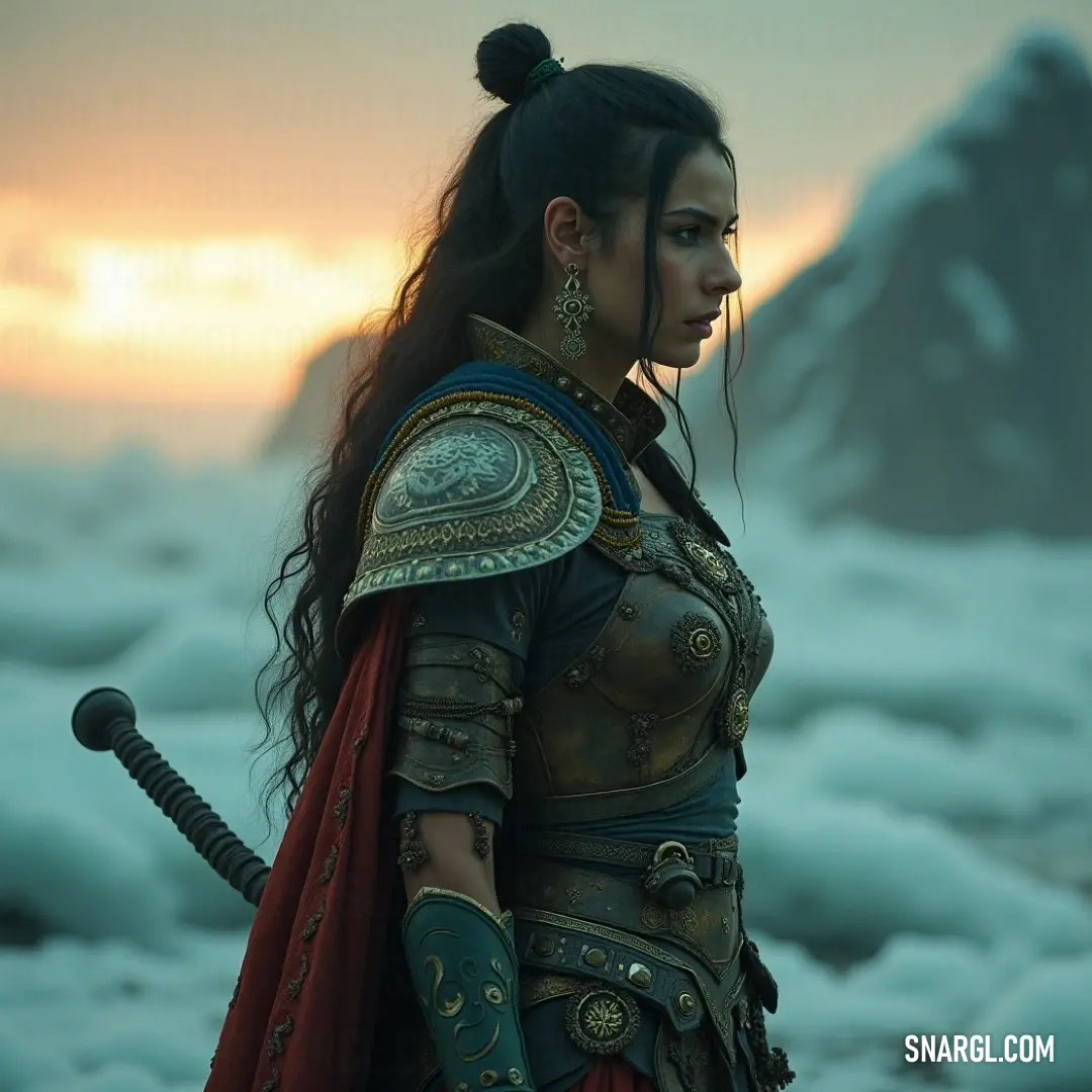 Majestic Necromantic King in a snowy landscape, sword in hand, with mountains in the background A majestic Necromantic King dressed in elaborate, snow-white garments stands confidently in a wintery landscape, gripping a gleaming sword. Behind her, towering mountains rise majestically under a crisp blue sky, emphasizing her regal presence and the ser