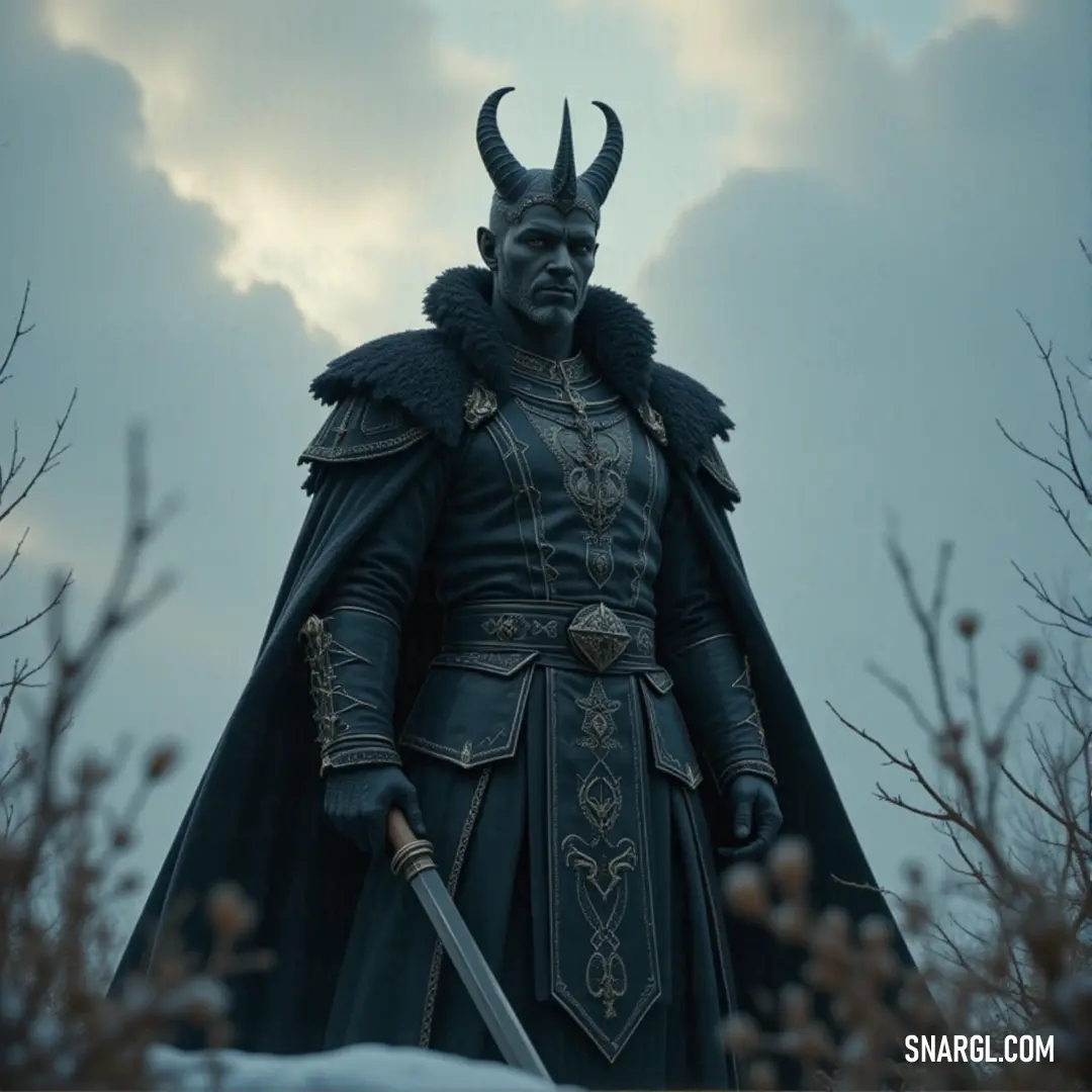 The Necromantic King stands tall, with a sword raised in his hand and horns adorning his head. The stormy, swirling clouds in the background seem to reflect his dark power and regal authority. A powerful necromantic king, clad in a dark horned costume, grips a sword firmly in his hand. The ominous, cloudy sky looms behind him, adding to the aura of mystique and authority surrounding his presence.