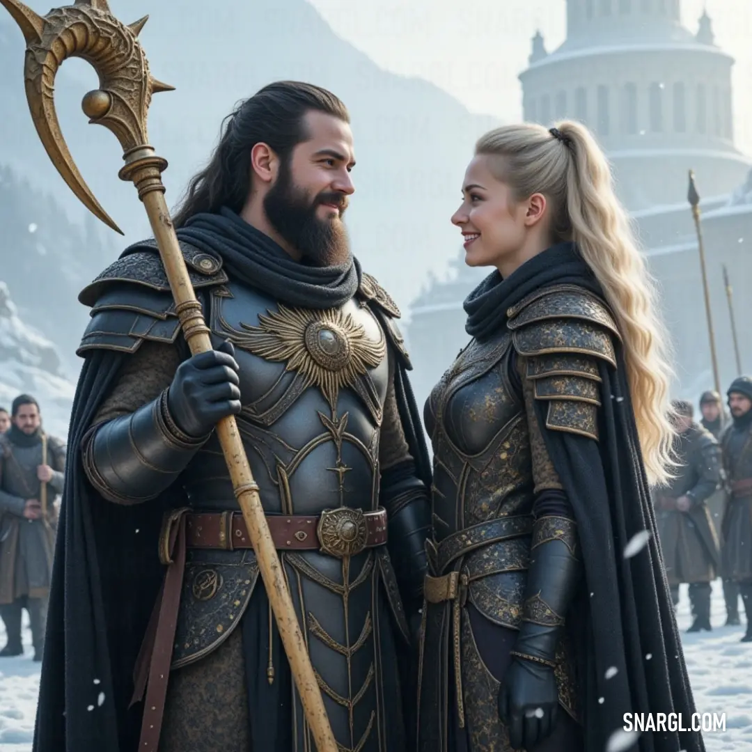 Side by side before an ancient castle, a gallant Man and the formidable Necrotic Enchanter in medieval armor symbolize strength and camaraderie amidst the excitement of an eager crowd. A valiant Man and a heroic Necrotic Enchanter decked in medieval armor stand side by side in front of an ancient castle, the bustling crowd behind them highlights their importance and the epic tale they embody.