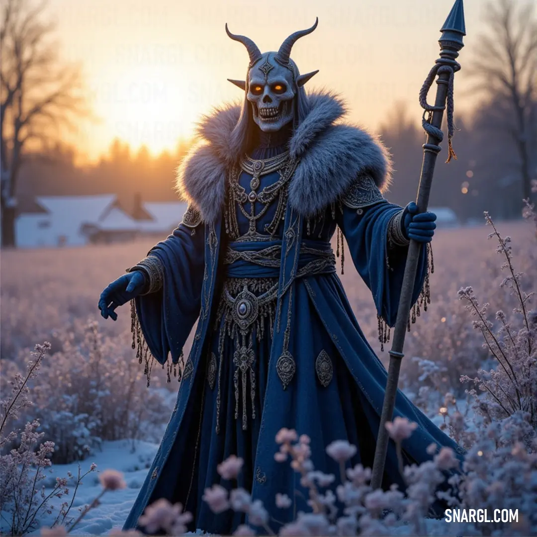 The Necrotic Priest, adorned in a horned mask and intricate attire, holds a staff as he stands in a field of flowers at sunset, his presence unsettling in the serene environment. A Necrotic Priest, dressed in an intricate costume with a horned face, stands in a vibrant field of flowers at sunset. Holding a staff, he casts an eerie shadow across the peaceful landscape, his power defying the tranquil surroundings.