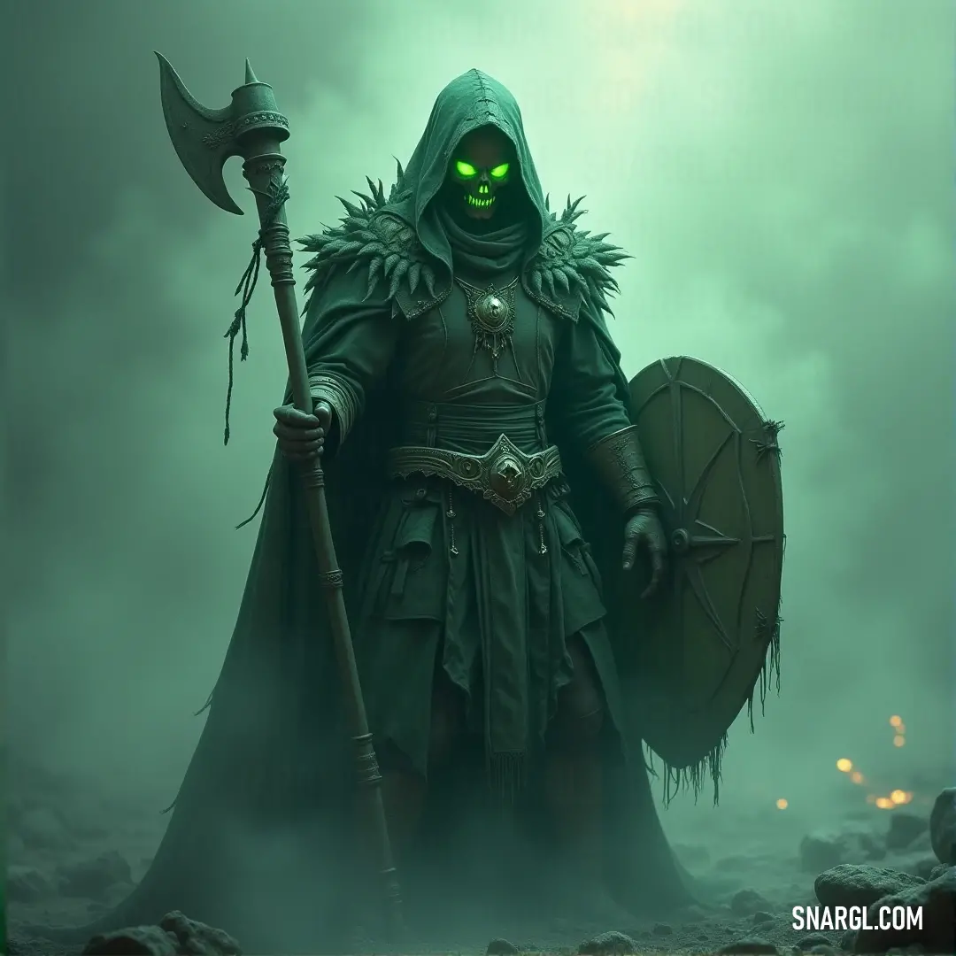 The Necrotic Warden, bathed in green light, stands watch in a foggy world, his gaze focused and unfaltering. A mysterious figure cloaked in green, holding a glowing eye in one hand and a helmet with a staff in the other, stands amid swirling fog, exuding an air of eerie power and otherworldly presence.