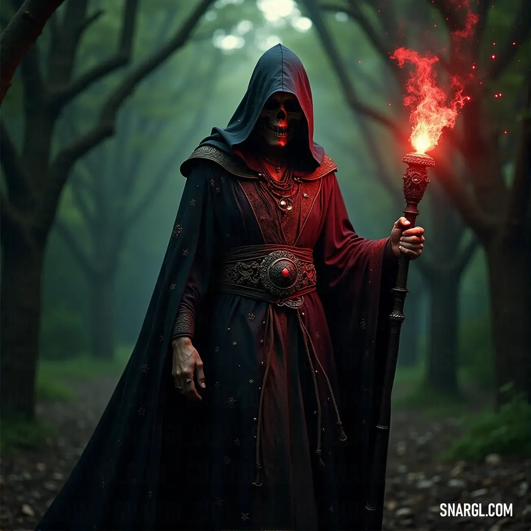 A necrotic warlord cloaked in a dark, hooded robe holds a flickering torch in the midst of a shadowed forest. The eerie glow of the torch illuminates his sinister figure, casting an ominous light on the surrounding trees.
