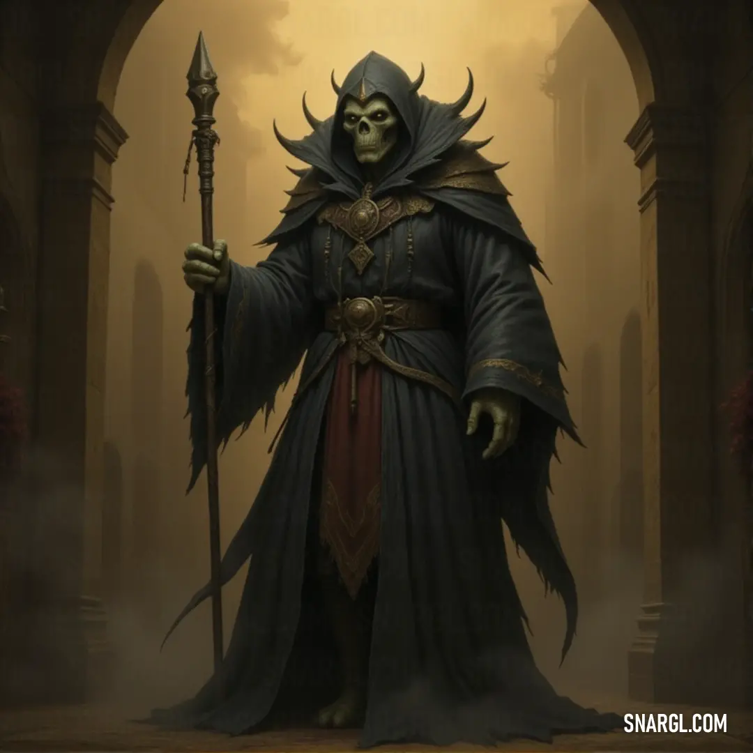 A sinister figure in a hooded cloak holding a staff with a fiery orb, surrounded by a fiery glow that highlights his eerie presence. A dark and mysterious figure in a hooded cloak, gripping a powerful staff with a fiery orb at its tip, standing tall against the ominous glow of flames around him.