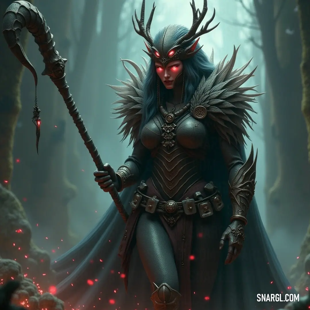 A captivating figure in a demon-like outfit holds a staff in a hauntingly dark forest, her eerie red eye shining brightly, creating an atmosphere of magic and mystique in the shadows. In the depths of a shadowy forest, a mysterious figure adorned in a demonic outfit wields a staff, her glowing red eye piercing through the darkness, embodying power and enchantment in a world filled with secrets.