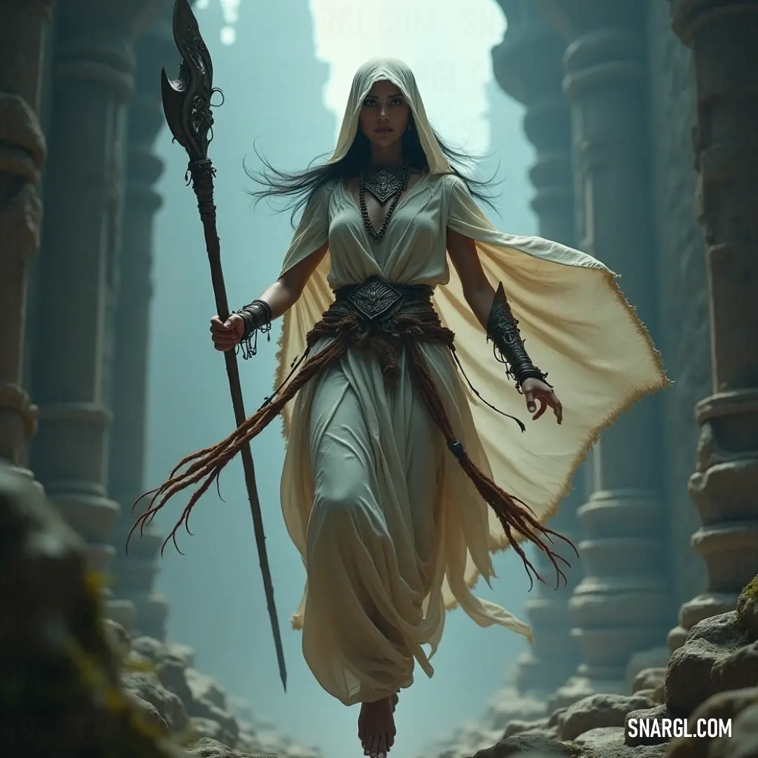Neith, clad in an elegant white ensemble, walks through a grand cave-like area, holding a staff, surrounded by magnificent columns and pillars that evoke a sense of ancient wonder.