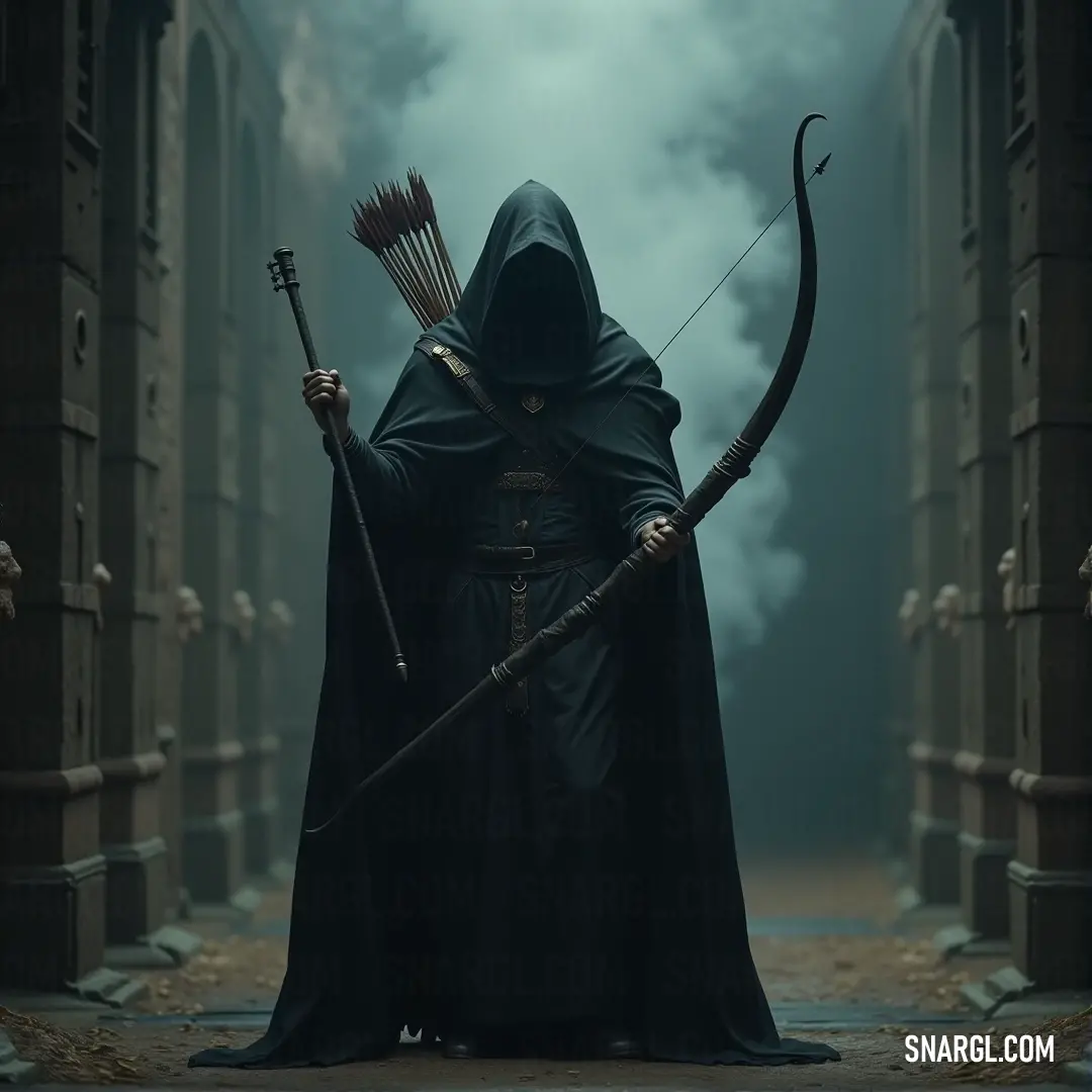 Nekrataal in a shadowy alley, dressed in a black cloak, holding a bow and arrow, as fog and smoke engulf his figure. In a fog-shrouded alleyway, Nekrataal stands cloaked in black, holding a bow and arrow. The dense smoke swirls around him as he prepares for an unknown target, his silhouette barely visible against the haunting mist.