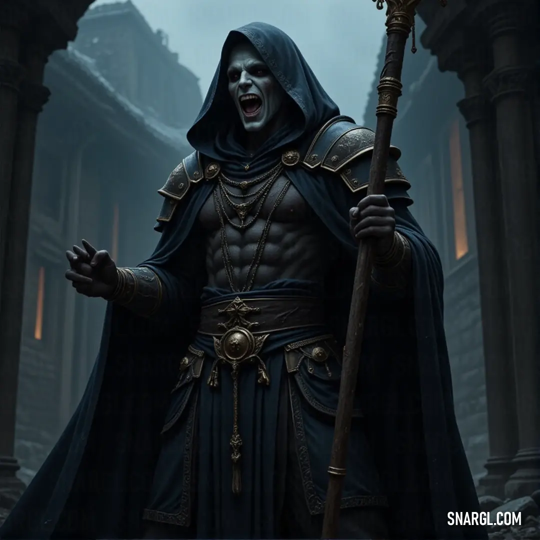Nekrataal in a hooded cloak, holding a staff of fire, commanding the flames to illuminate the night. A hooded Nekrataal stands tall, wielding a mighty staff topped with fire. His presence is commanding as flames dance around him, illuminating the darkness with an eerie glow.