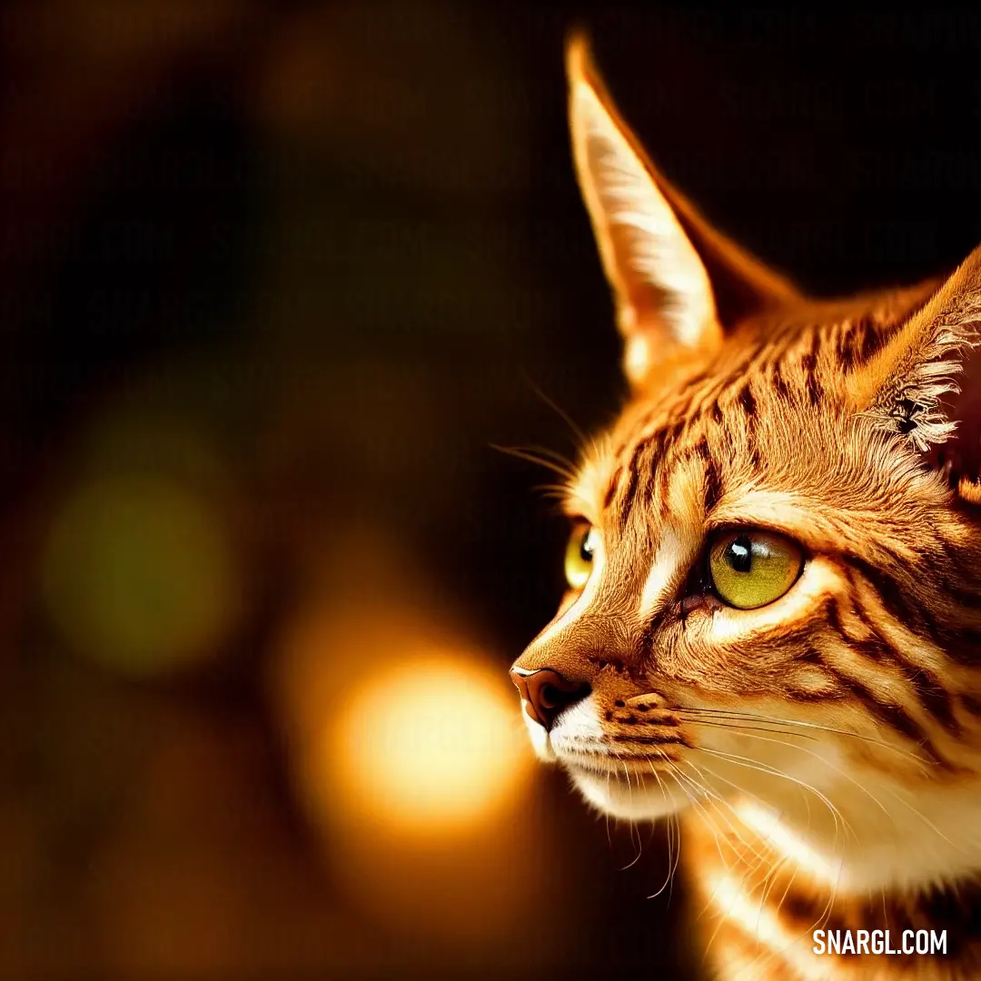 Cat with green eyes looking off into the distance with a blurry background of lights in the background