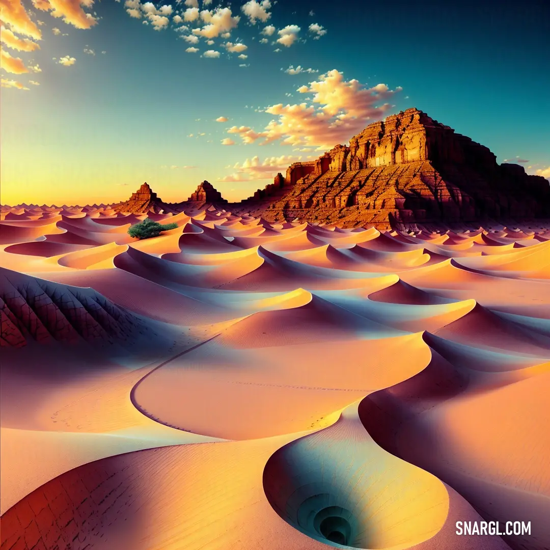 Desert landscape with a mountain in the distance and a blue sky with clouds above it and a small green car in the foreground