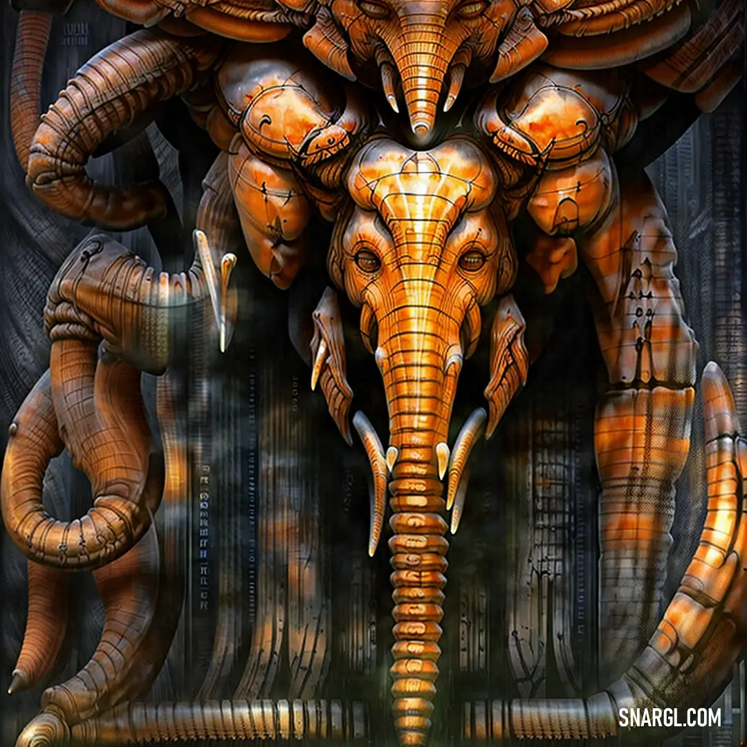 Digital painting of an elephant with a lot of details on its face and trunk. Color RGB 255,163,67.