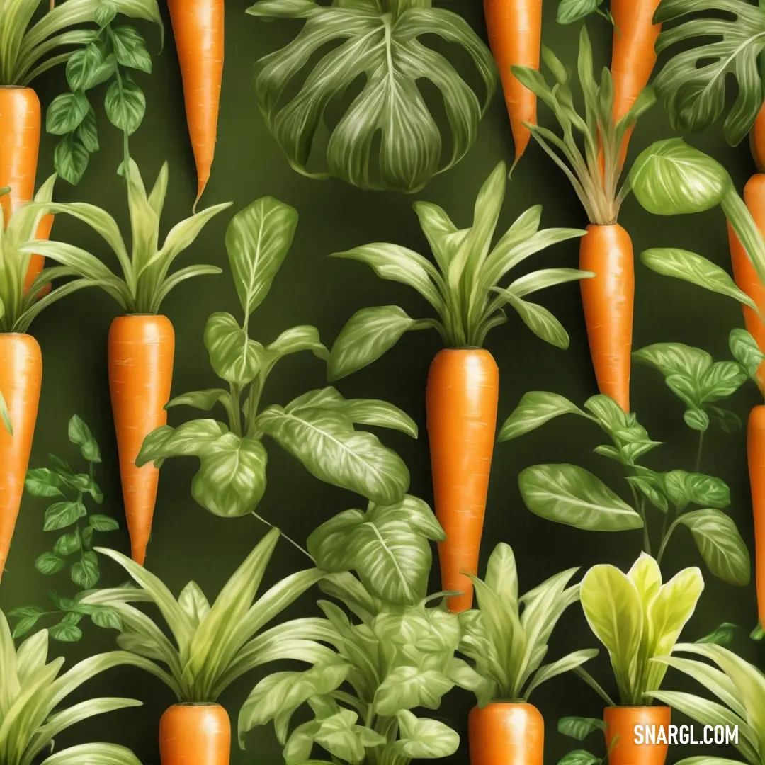Bunch of carrots on a green background. Color #FFA343.