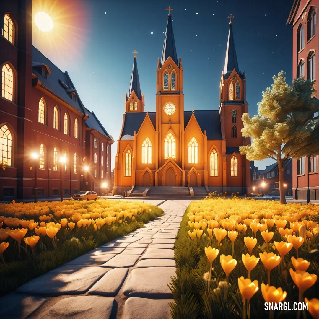 Church with a clock tower and a walkway leading to it at night with yellow flowers in front of it. Color RGB 255,163,67.
