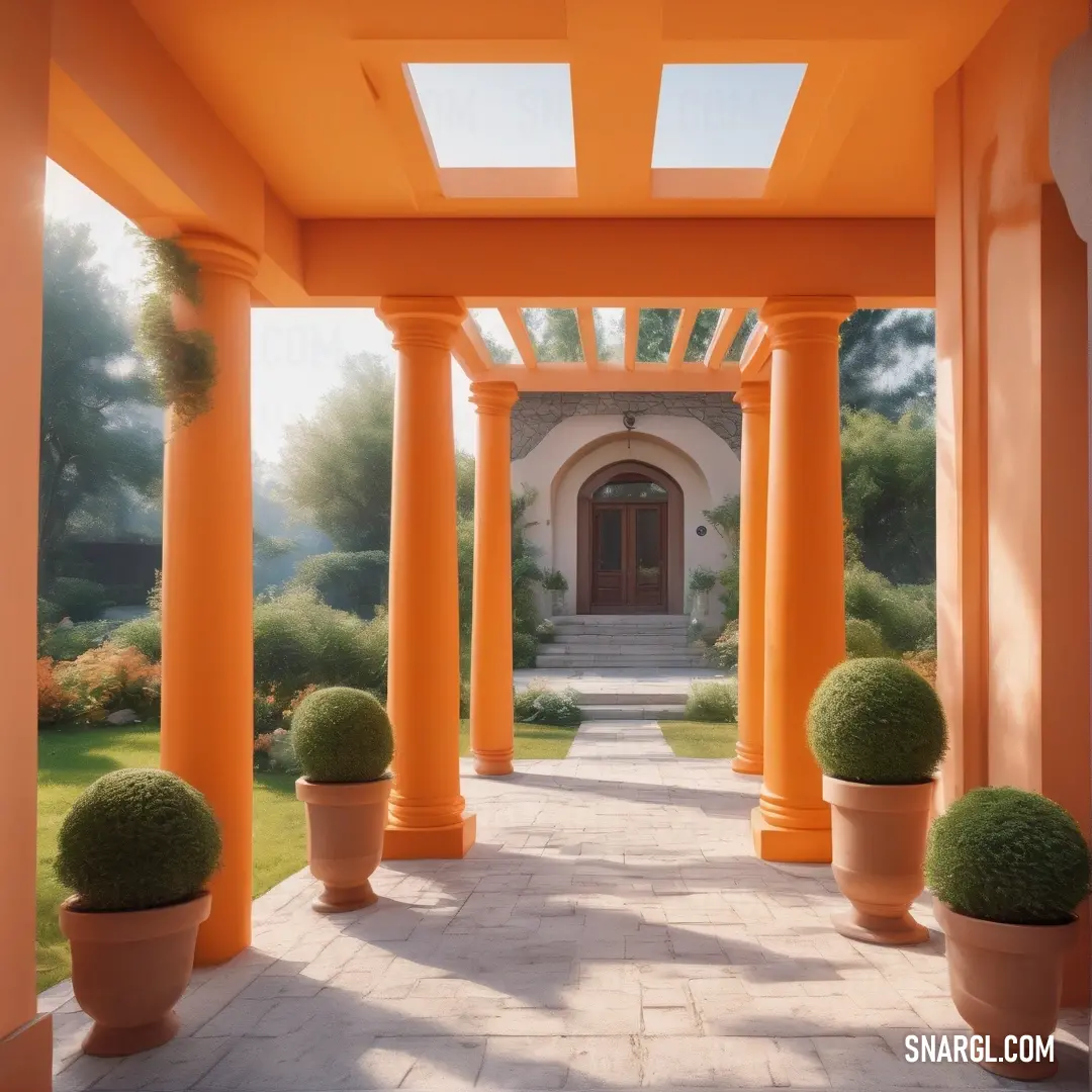 Neon Carrot color. Painting of a walkway with potted plants and a doorway in the background