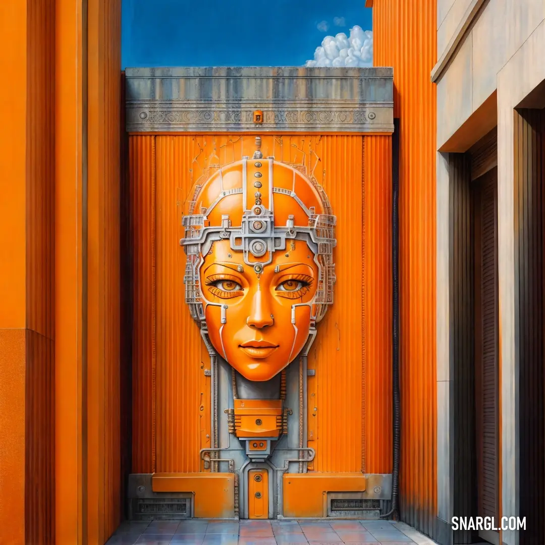 Painting of a woman's face on a wall in a hallway with orange walls and a doorway