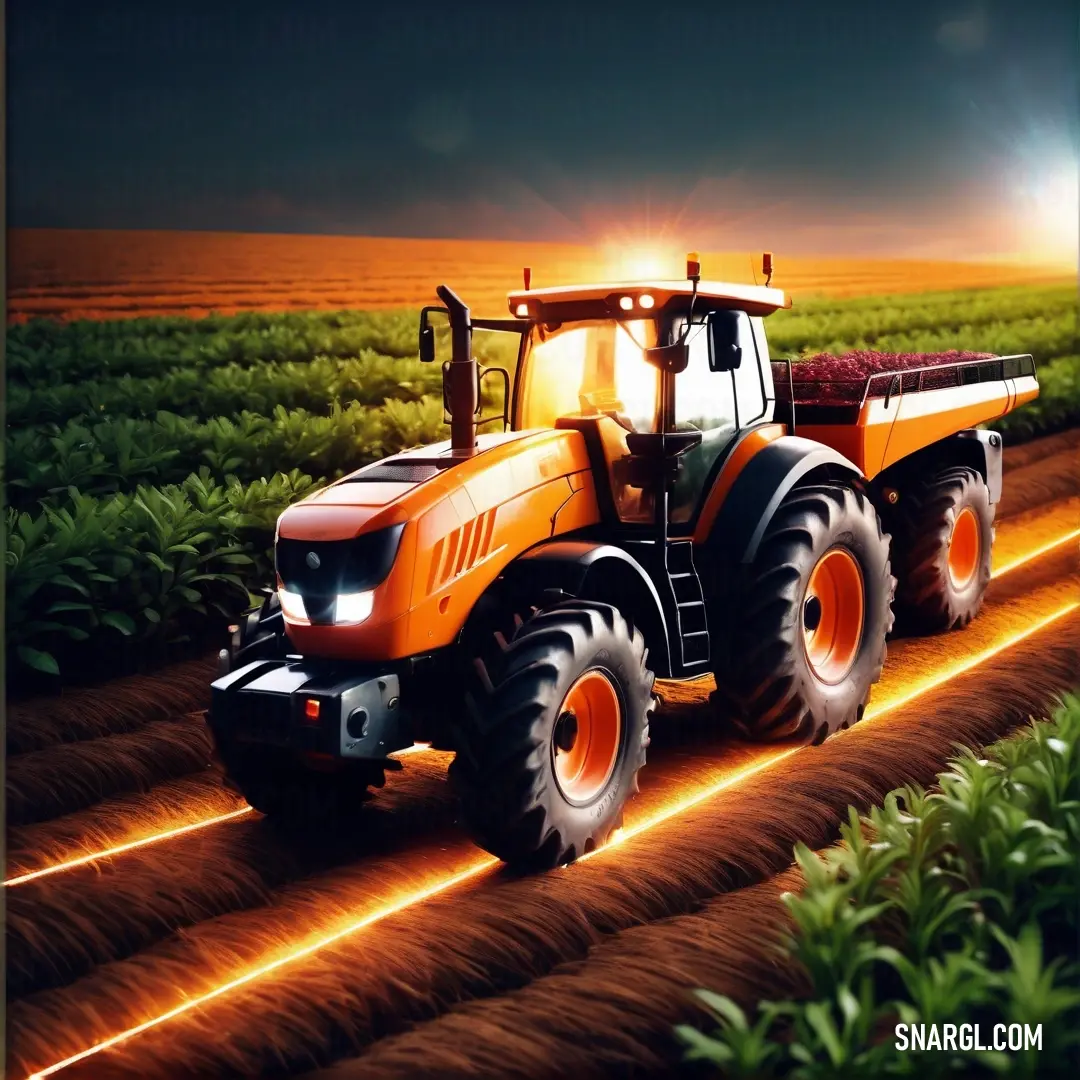 Tractor is driving down a farm road at night time with the sun shining on the horizon behind it. Color #FFA343.