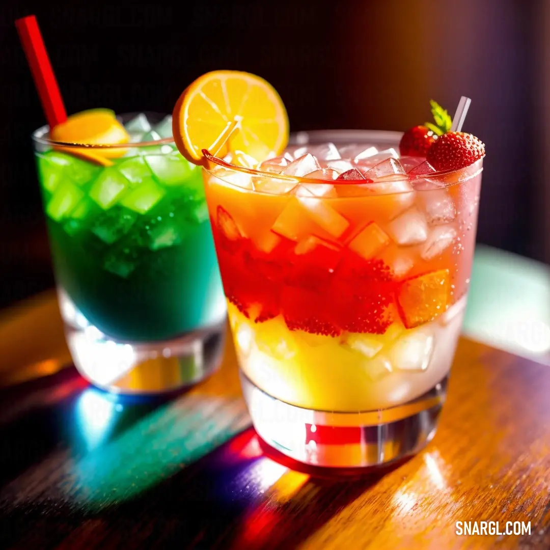 Two glasses of colorful drinks on a table with ice and strawberries on top of them
