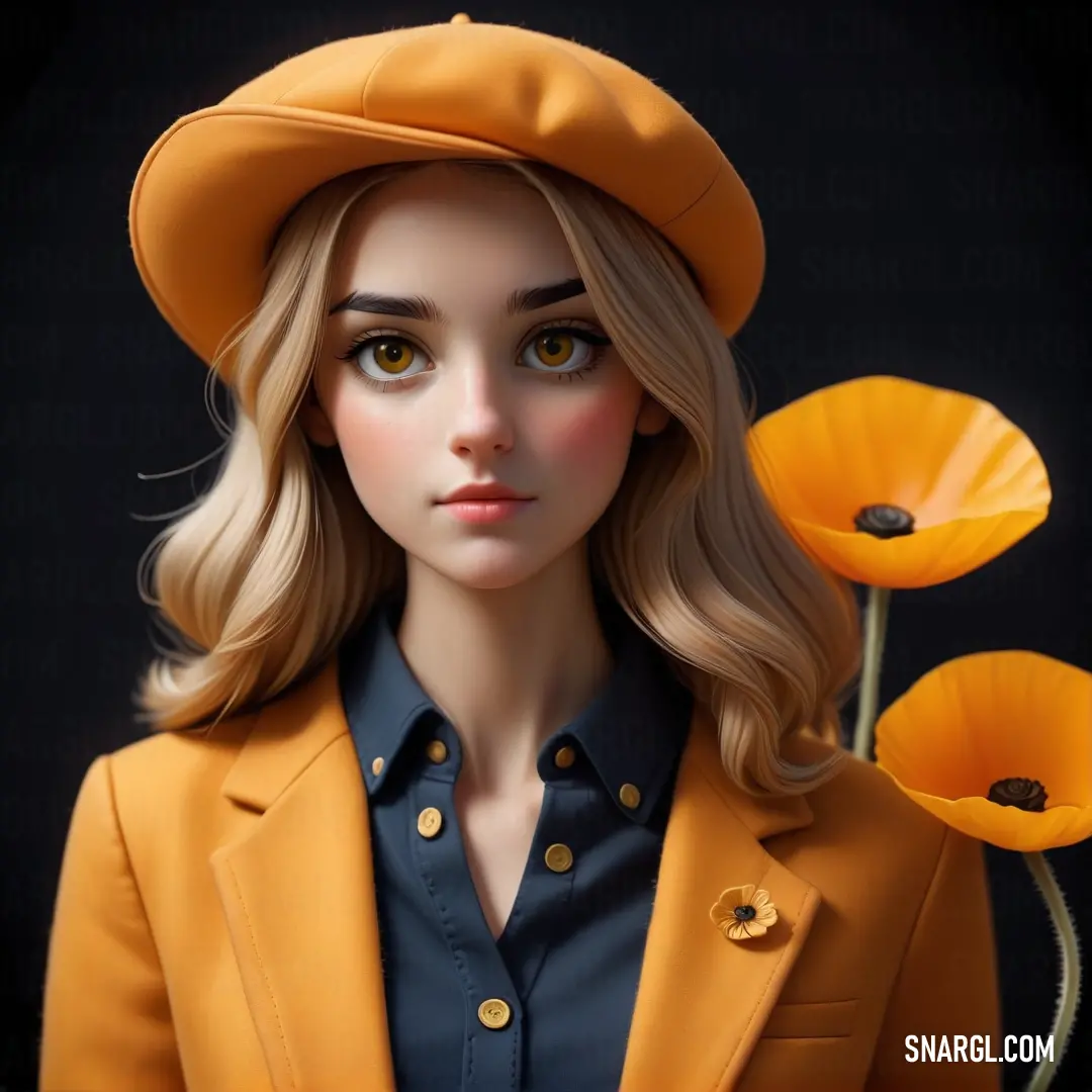 Woman with a hat and a yellow jacket and a flower in her hand and a black background. Color Neon Carrot.