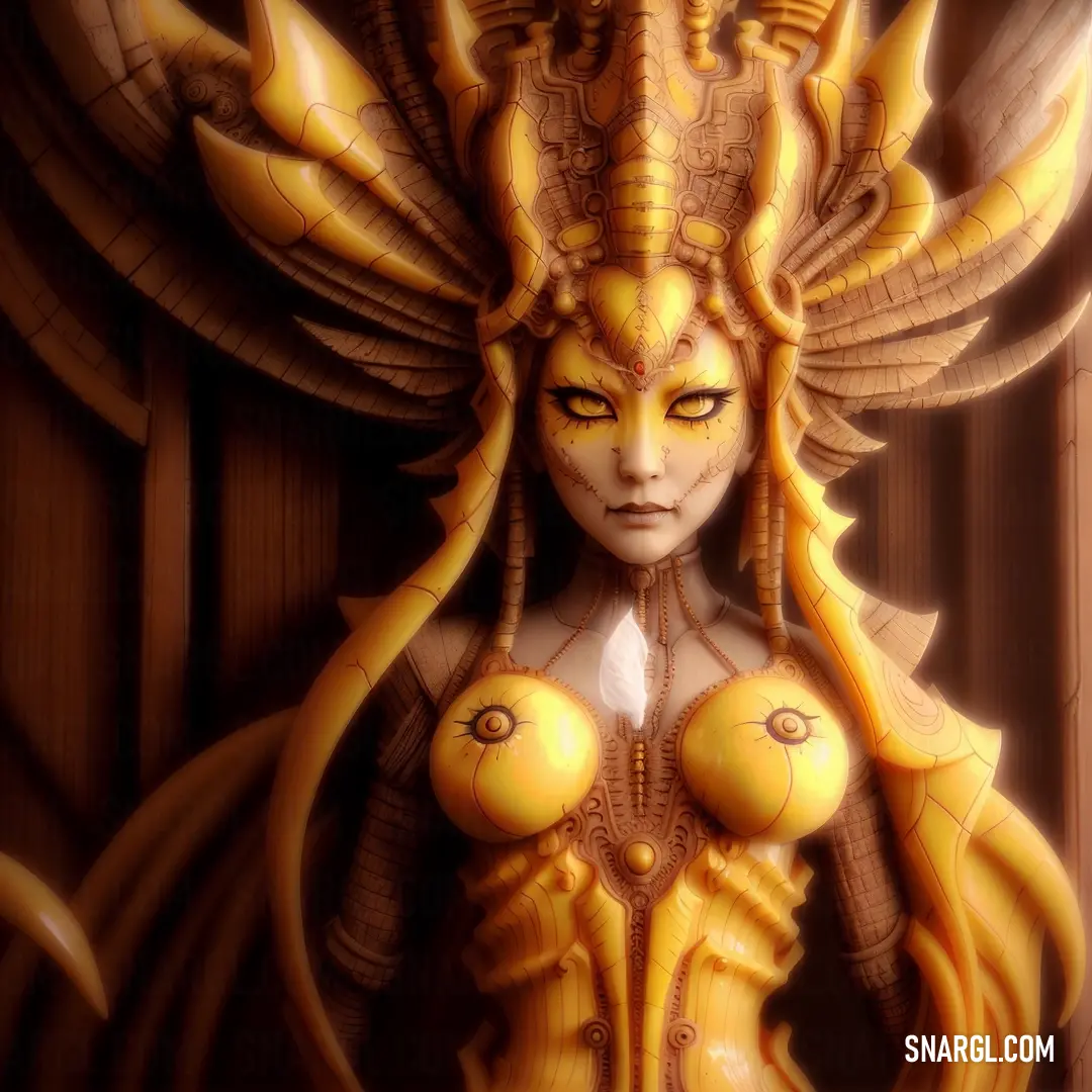 Woman with a yellow body and headdress is standing in front of a door with a large golden mask on