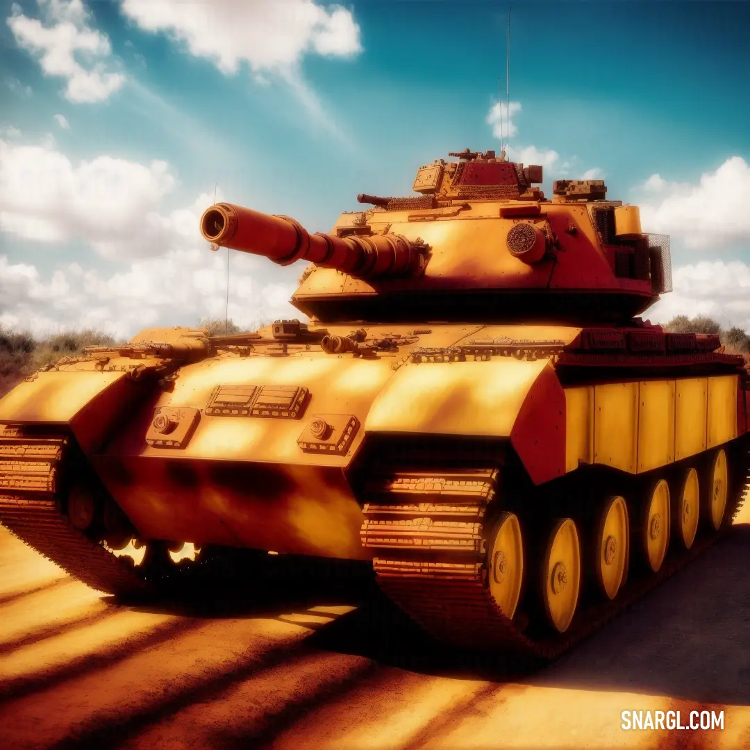 Yellow and red tank on top of a dirt field next to a forest and blue sky with clouds