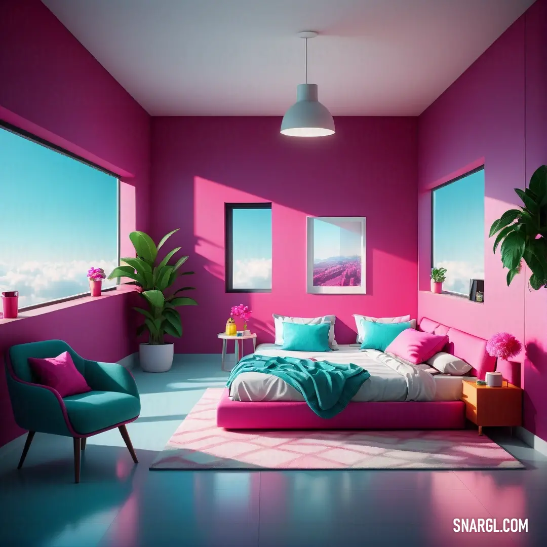 Bedroom with a pink wall and a bed with a pink blanket and pillows and a chair and a potted plant. Example of RGB 254,89,194 color.