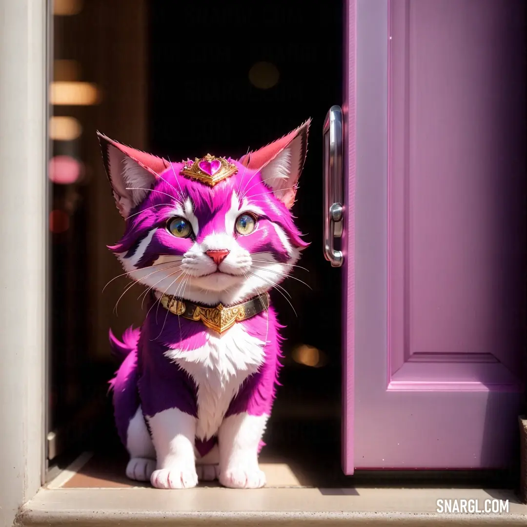 Cat with a crown on its head in front of a purple door with a gold collar