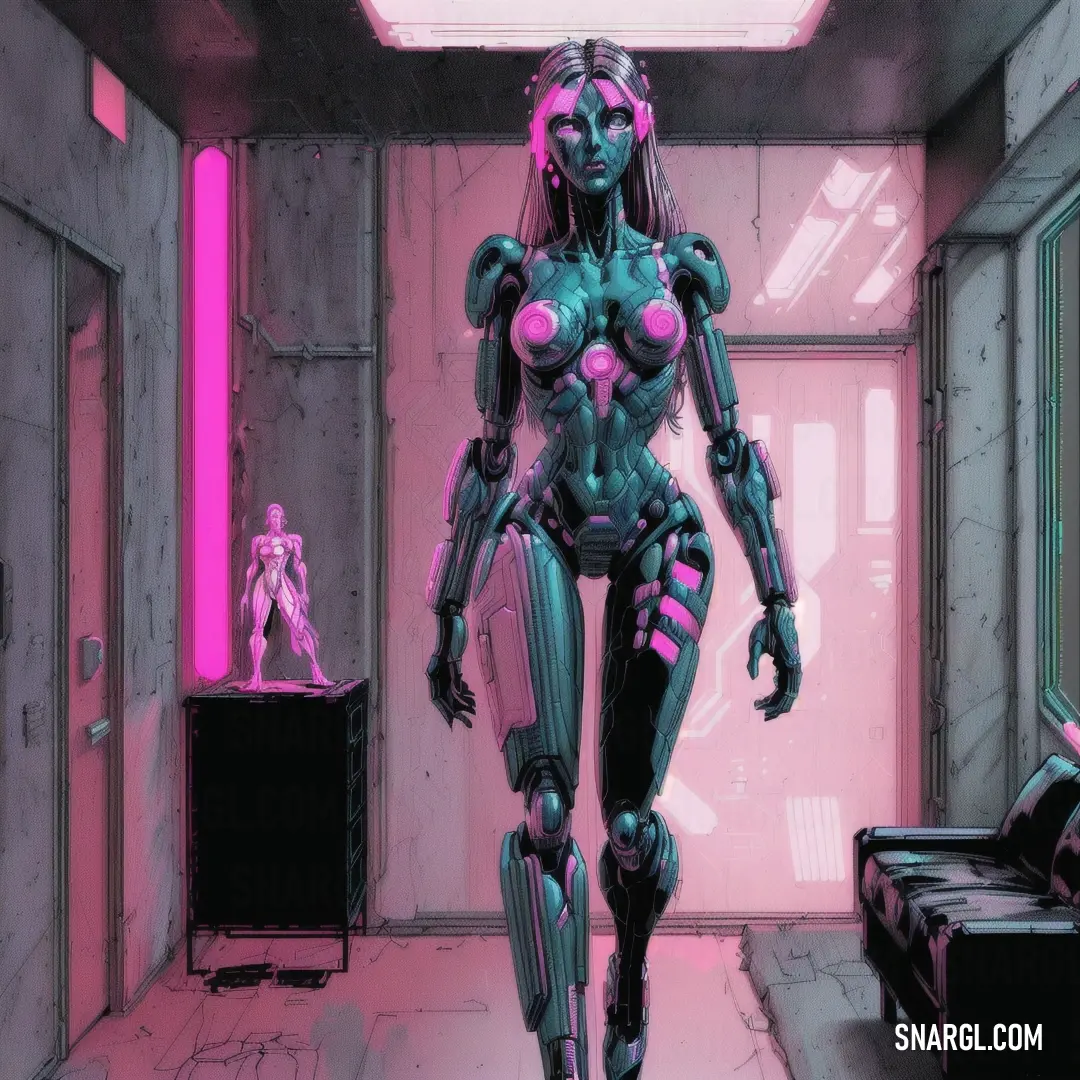 Futuristic woman walking through a hallway in a pink room with a neon light on the ceiling