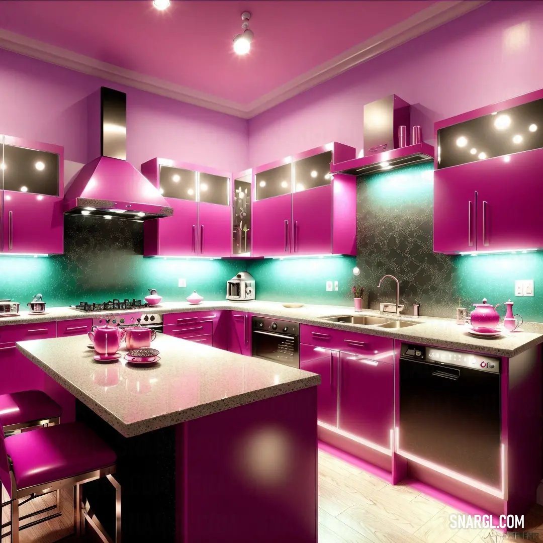 Kitchen with a center island and purple cabinets and a pink countertop and stools in front of it. Color #FE59C2.