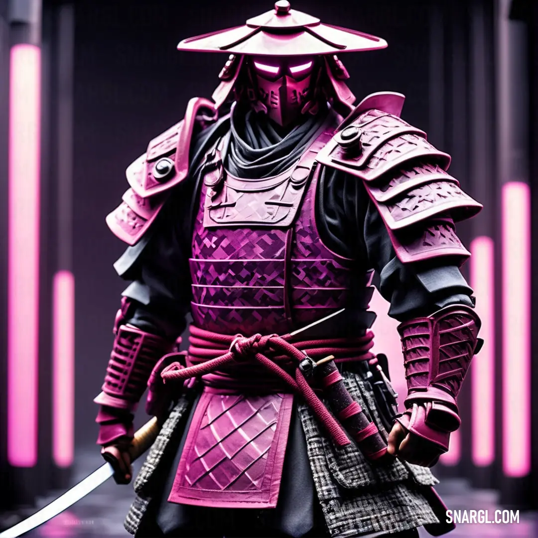 Man in a pink and black outfit holding a sword and a sword in his hand. Color Neon fuchsia.