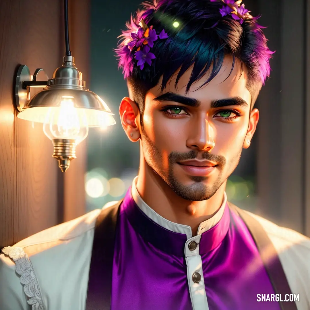 Man with a purple shirt and a purple flower in his hair and a light on his head and a lamp on the wall
