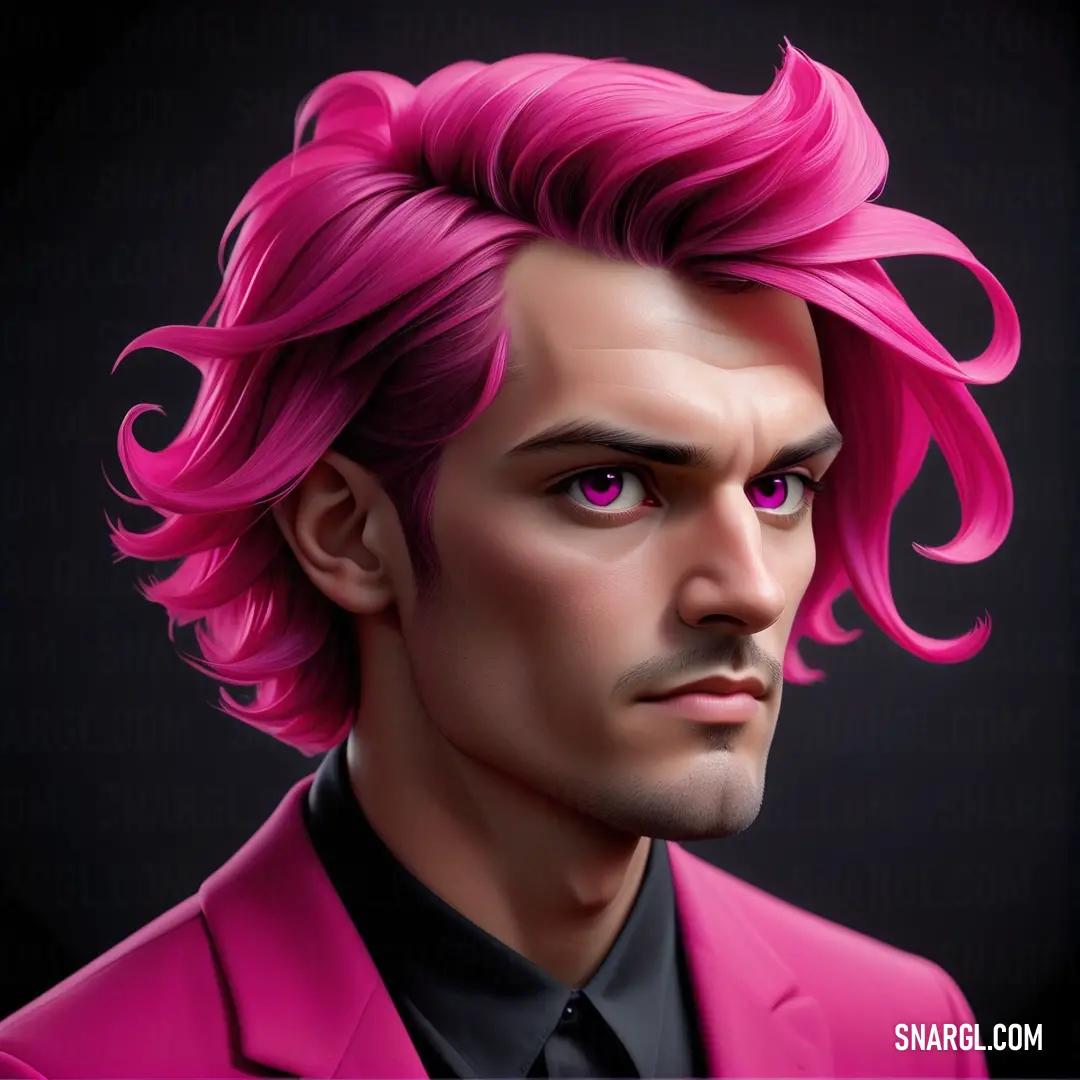 Man with pink hair and a pink suit on a black background. Color CMYK 0,65,24,0.