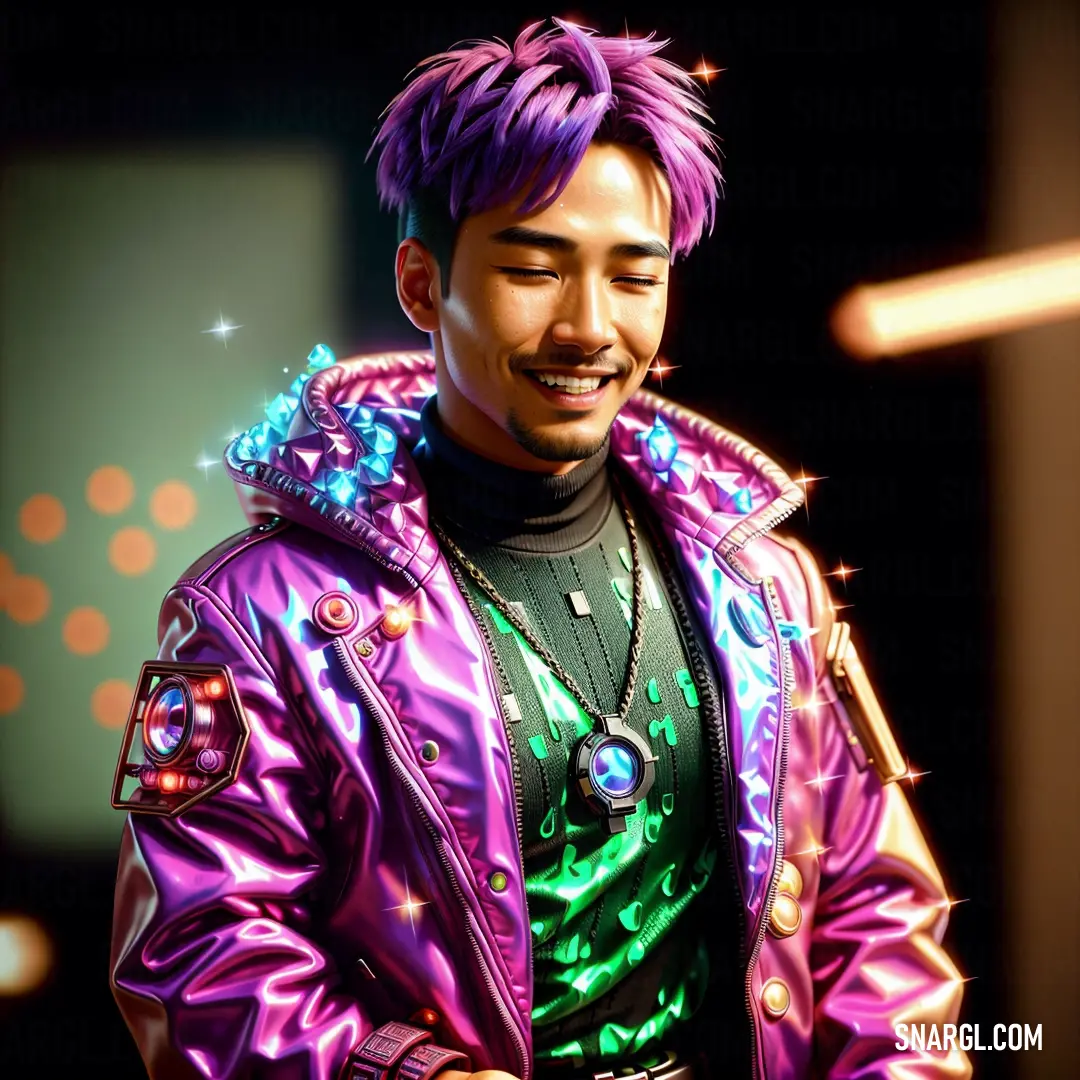 Man with purple hair and a jacket on smiling at the camera while holding a cell phone in his hand