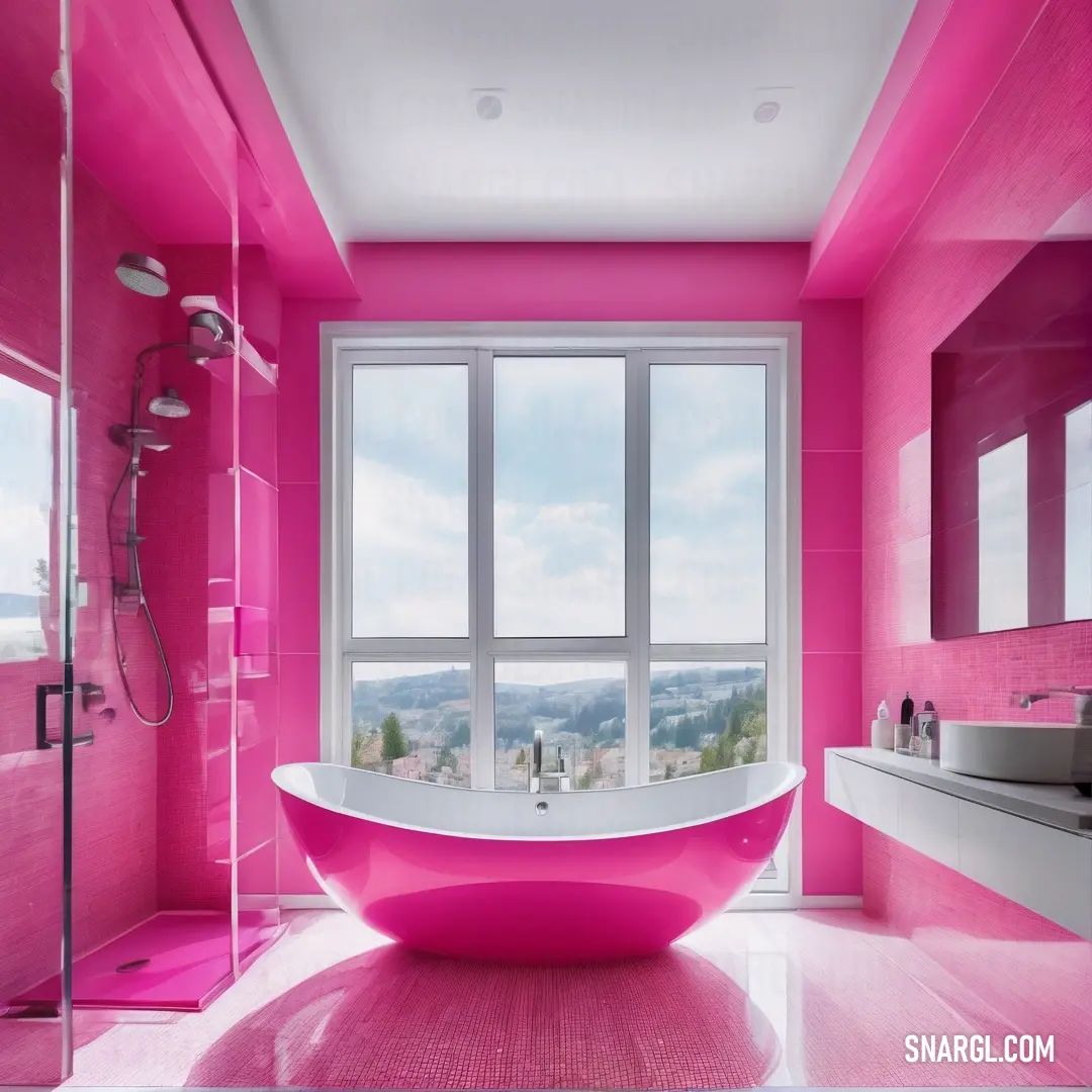 Neon fuchsia color. Bathroom with a pink tub and a large window overlooking the city below it is a pink floor and walls